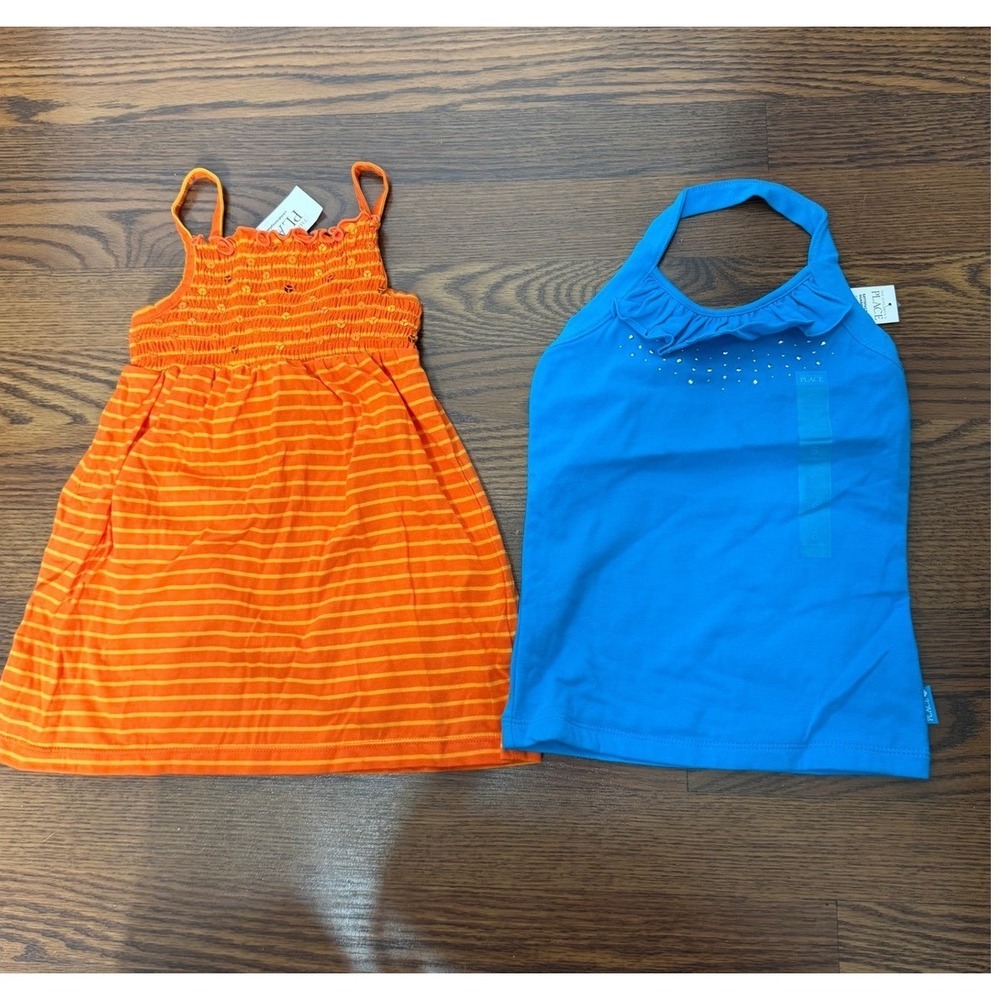 The Childrens Place Girls Size 5/6 Orange Striped Dress and Blue Halter Top NWT